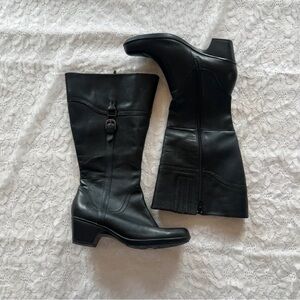 Clarks Black Leather Mid-Calf Buckle Heeled Boots